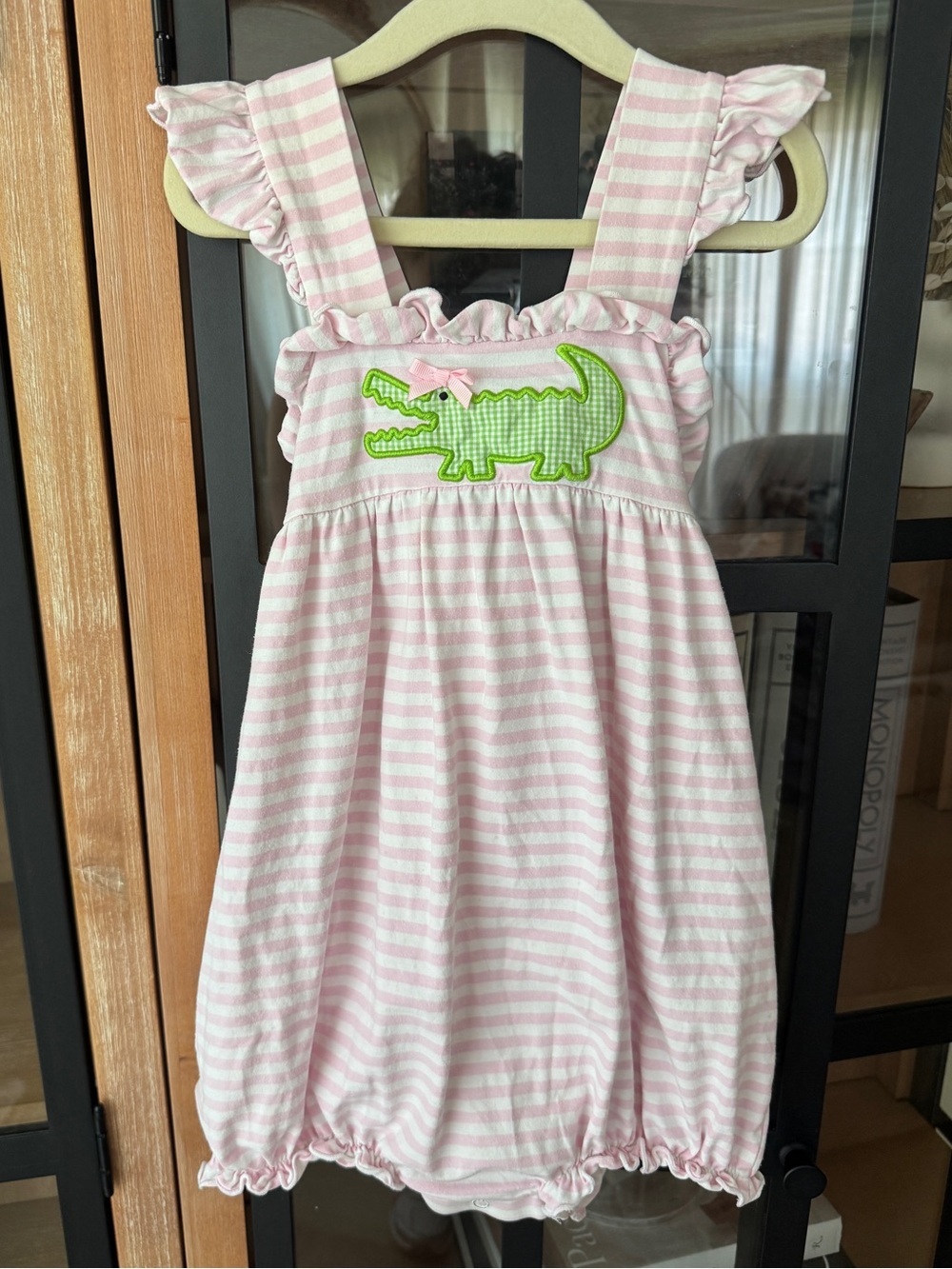 Cecil & Lou alligator applique bubble romper embroidered toddler girl bow stripe